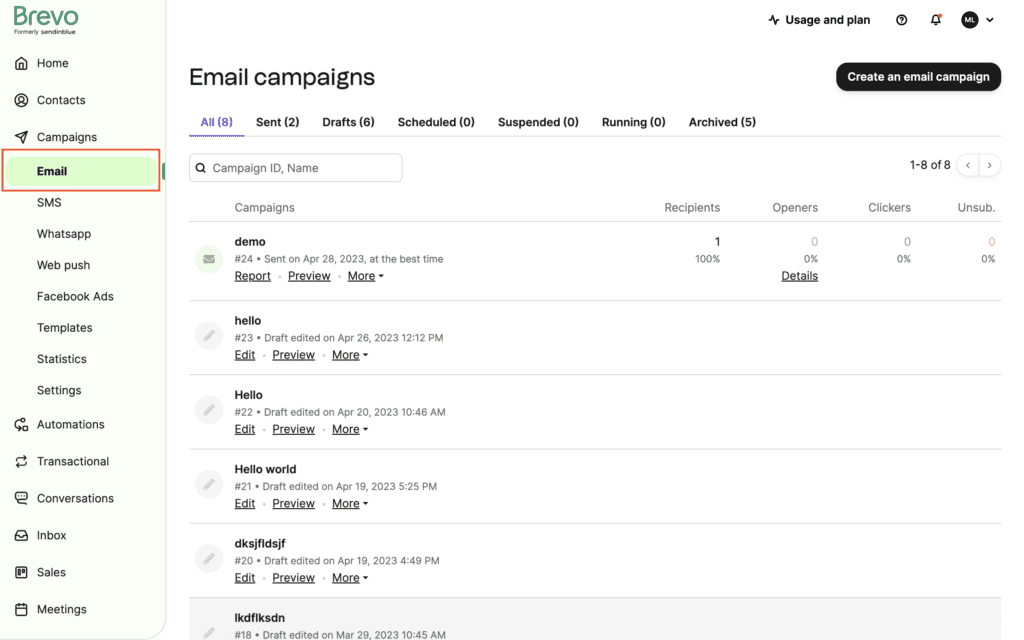Email campaign page for Brevo with a red box around the "Email" button on the dashboard.