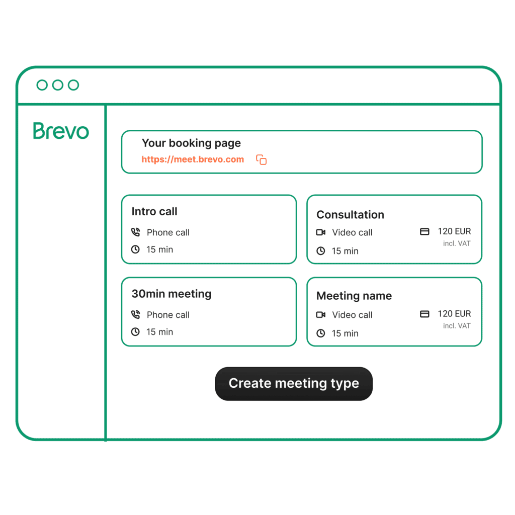 booking page with meeting types from Brevo