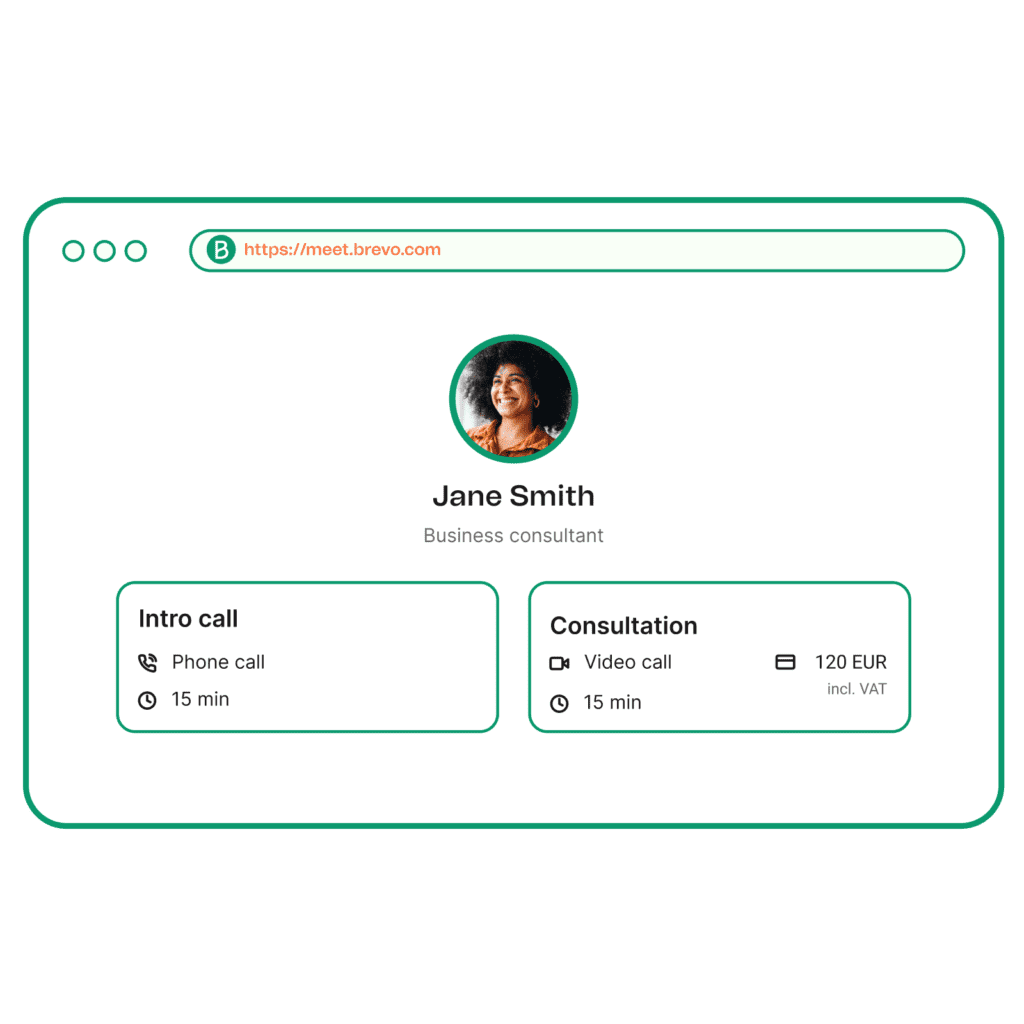 Choose meeting type page by CRM suite, Brevo. 