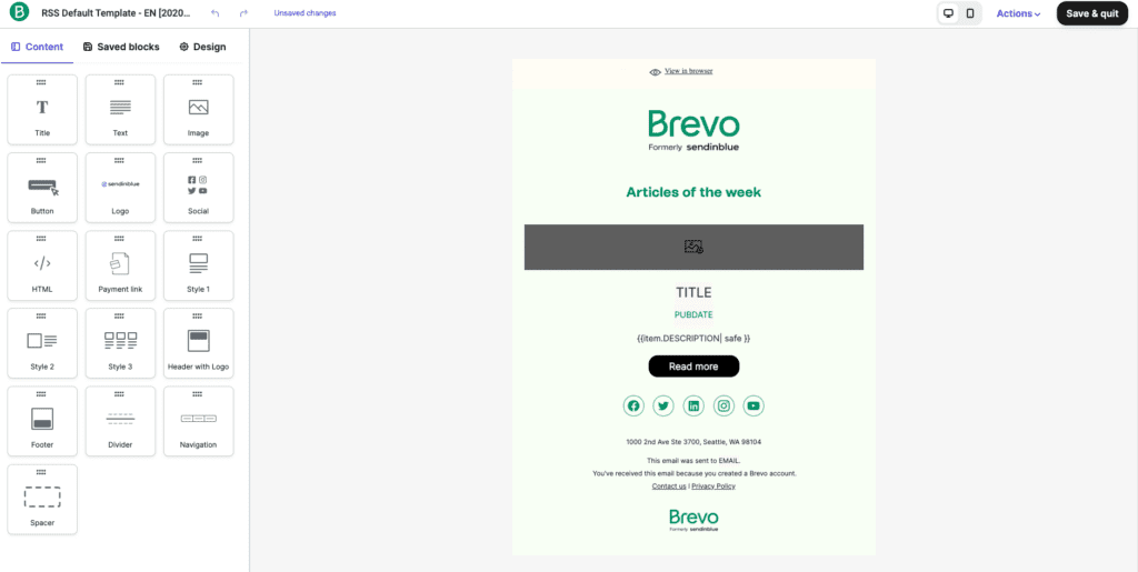 Default RSS campaign and Brevo's Drag & Drop email editor