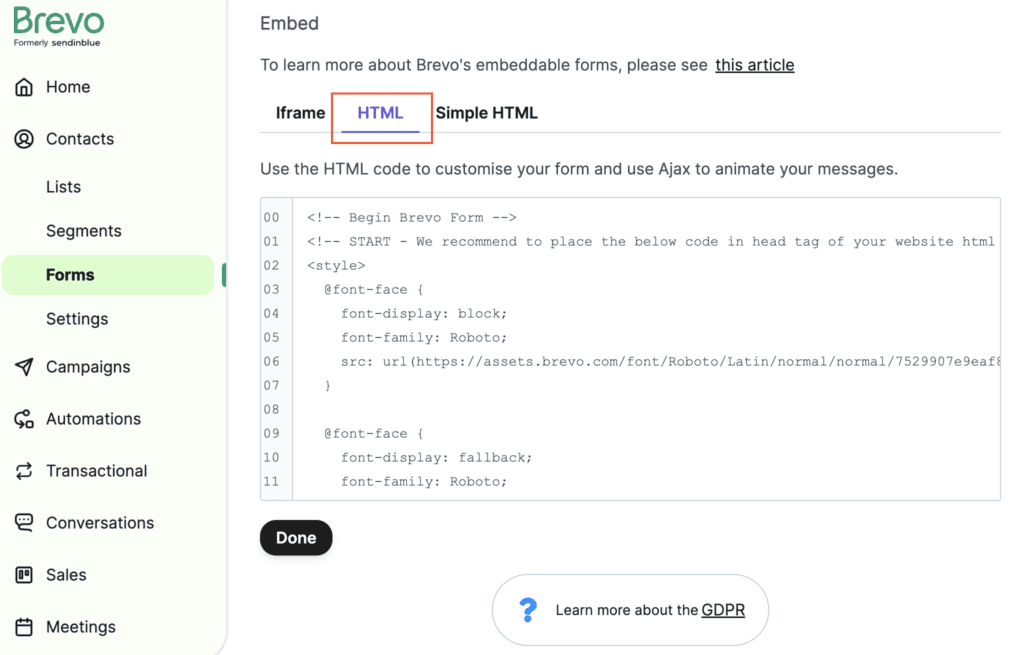 Sharing preferences for a newsletter signup form made with Brevo. There is a red box around the sharing option "html". 