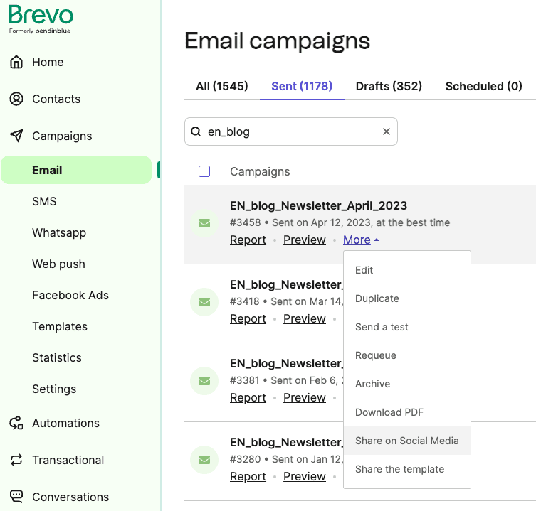 Brevo interface example - share email campaign on social media