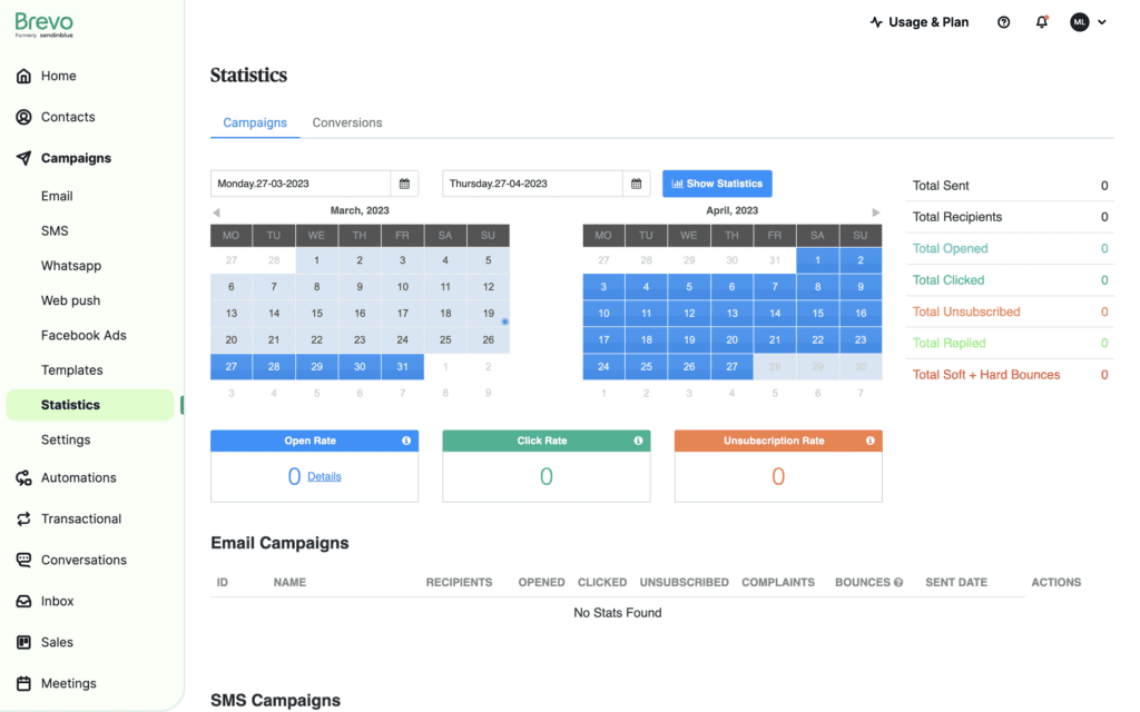 Email marketing metrics with Brevo. The metrics shown include: Total sent, total recipients, total opened, total clicked, total unsubscribed, total replied, and total bounces. 