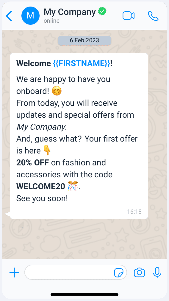 Automatic welcome message on whatsapp that offers a discount code for 25% off to new customers. 