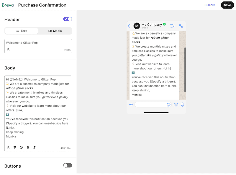 Example of a WhatsApp message preview in Brevo