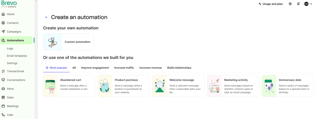 Brevo automations dashboard with buttons for making automations such as welcoming emails, birthday emails and more.