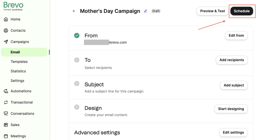 Email campaign dashboard with a red box and arrow pointing to the "Schedule" button.