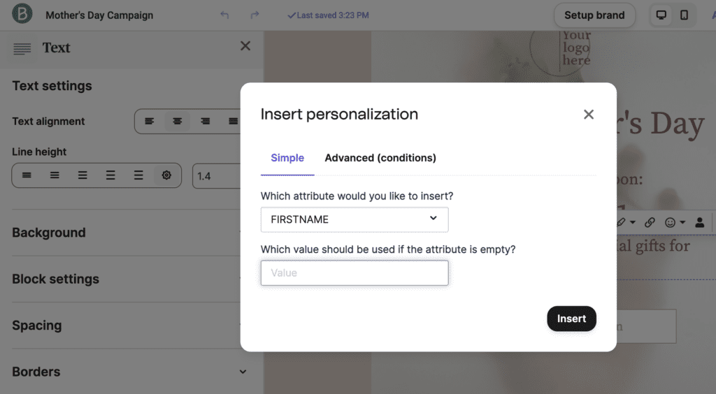 Email personalization attribute settings in an email builder by Brevo.