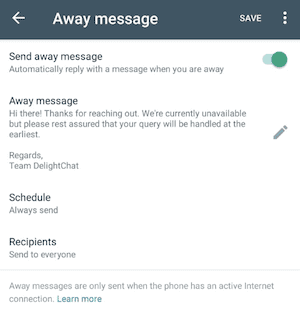 Away message toggle button for automatic replies on WhatsApp away message menu. 