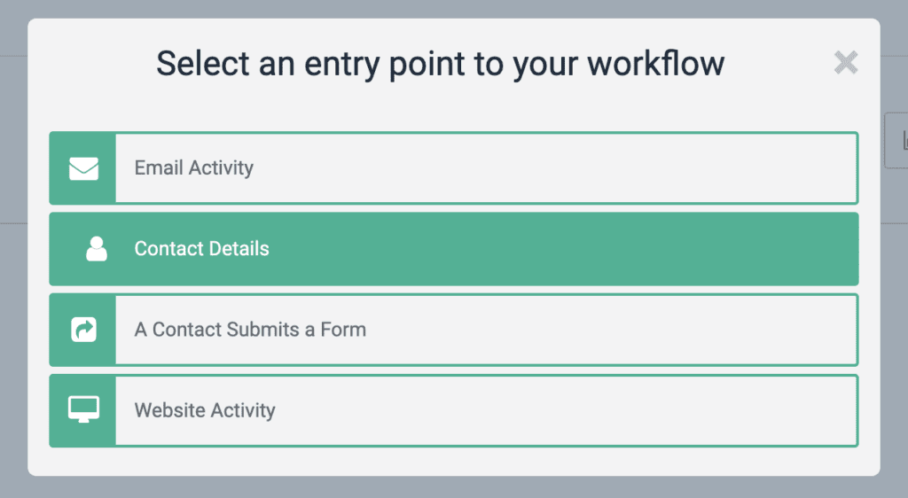 Window prompting user to choose an entry point for an email workflow automation on Brevo. 