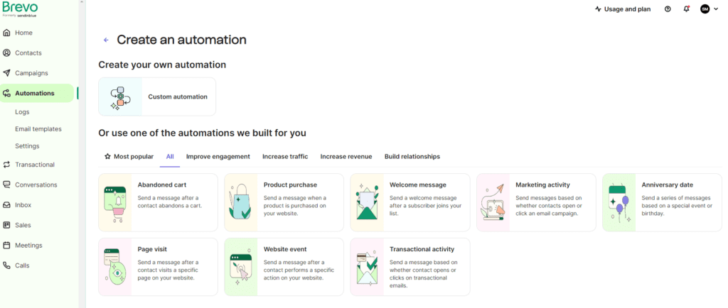 types of drip automations available in Brevo