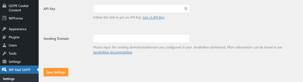 A window asking for an API key and sending domain on the WP mail SMTP plugin on WordPress. 