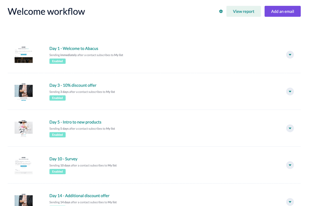 Screenshot of a welcome email workflow by EmailOctopus, a cheap email marketing service.