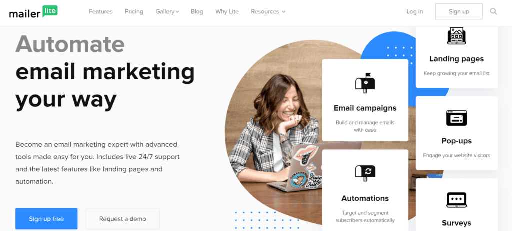 MailerLite home page showing email marketing features. They are a constant contact alternative. 