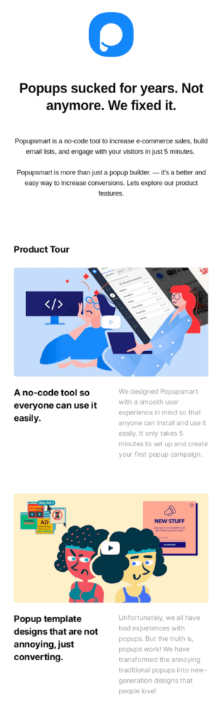 Email newsletter about a product update for popups. 