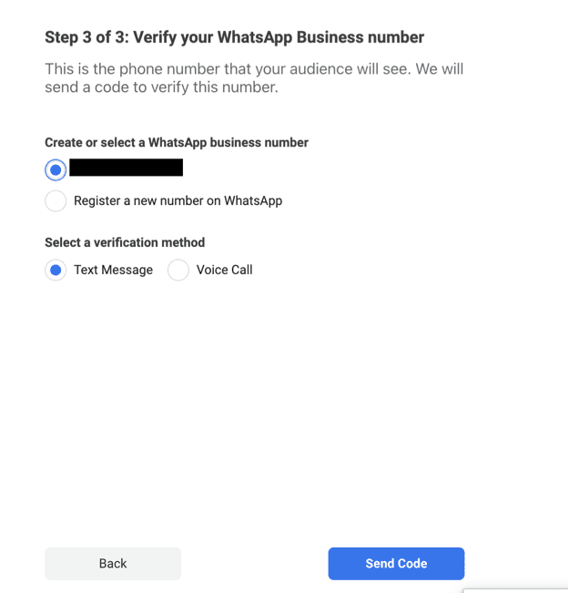 This box shows how to make a WhatsApp Business account and how to add their phone number with a verification code. 