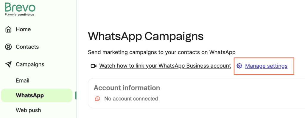 How to create business account in WhatsApp step two with Brevo. This shows Brevo's WhatsApp campaign dashboard with a red box around the settings button.