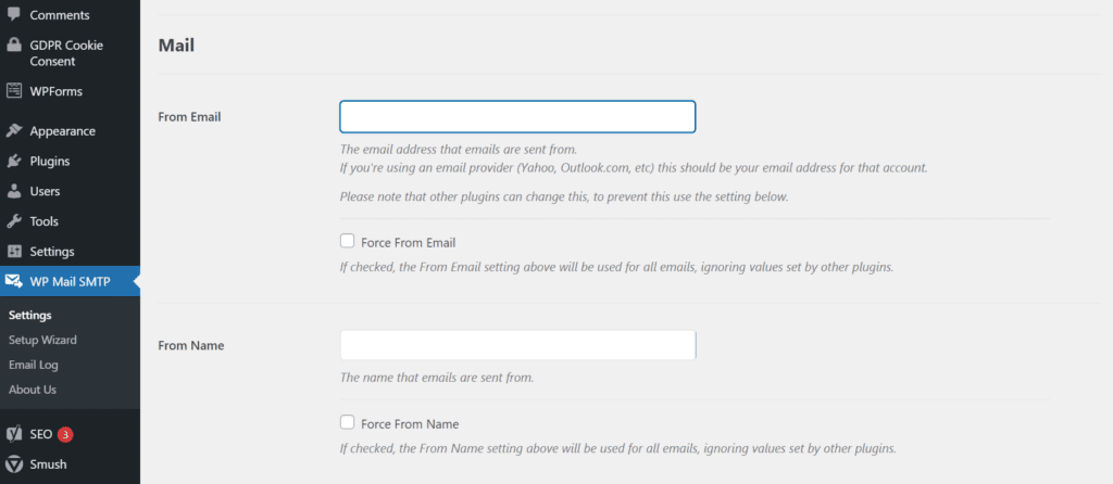 A box asking for from email and from name inside the WP mail SMTP plugin on WordPress.