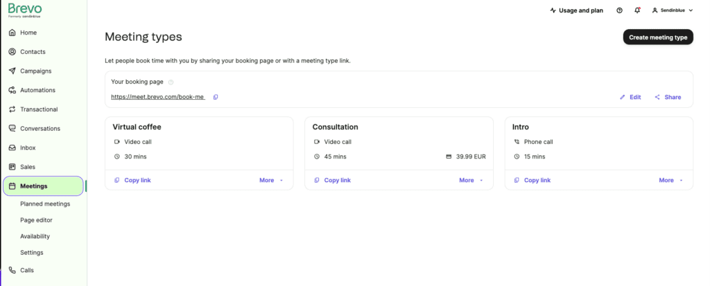booking online app - set up meeting types in Brevo