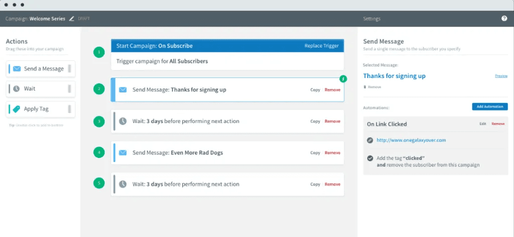 Screenshot of example workflow automation for email marketing on Aweber, a cheap email marketing service.