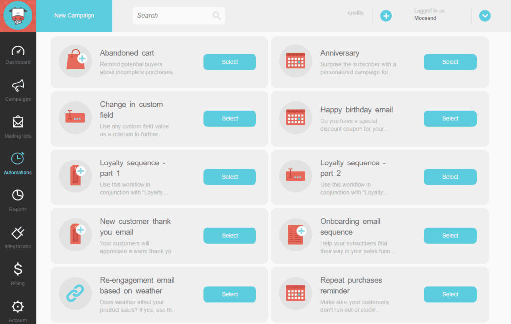 Screenshot of email marketing automation dashboard on Moosend, a cheap email marketing service. 