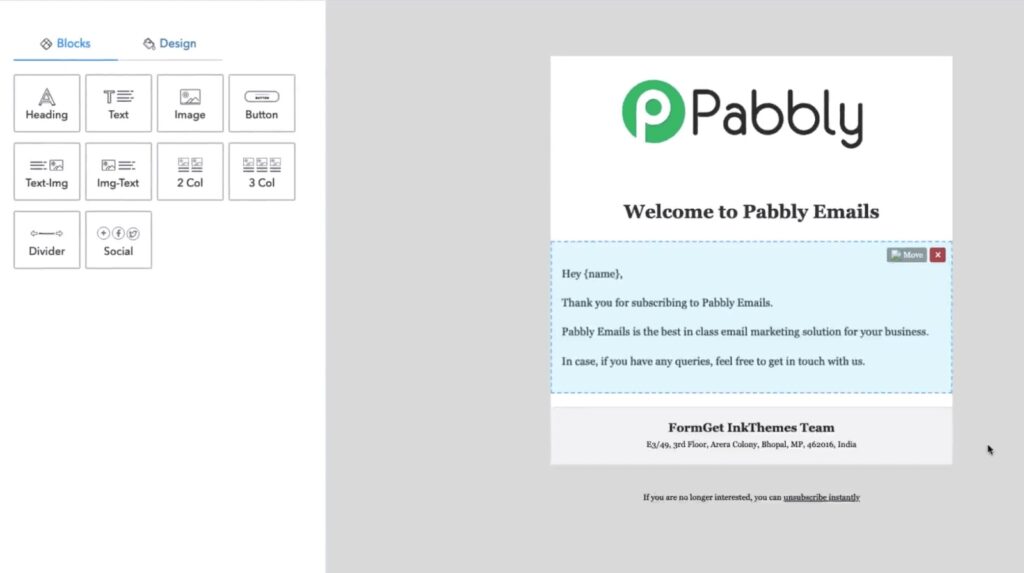 Screenshot of a drag and drop newsletter builder by Pabbly, a cheap email marketing service.