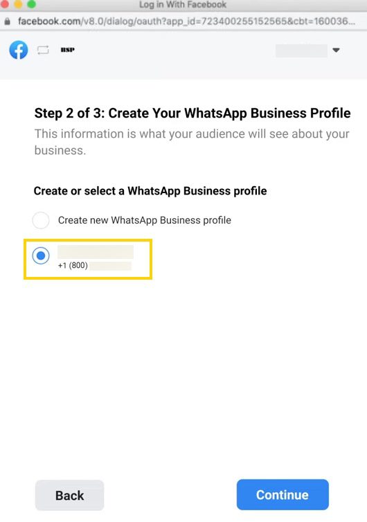 This box shows how to make a WhatsApp Business account with a button that prompts the user to create a WhatsApp Business profile. 