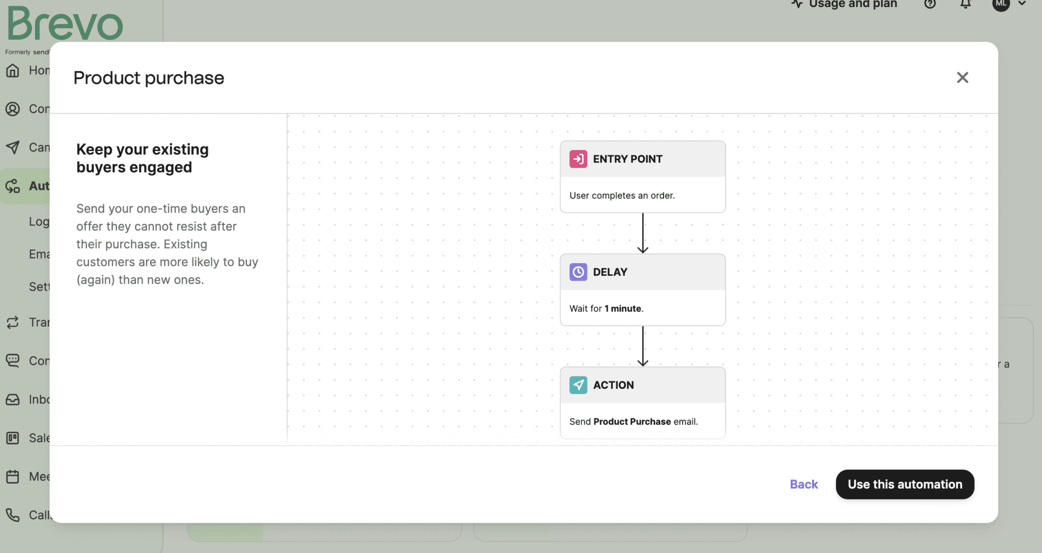 Email autoresponder workflow for product purchase by Brevo.