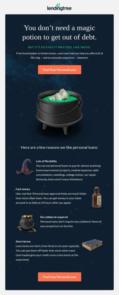 Fall email newsletter example with a cauldron melting money. 