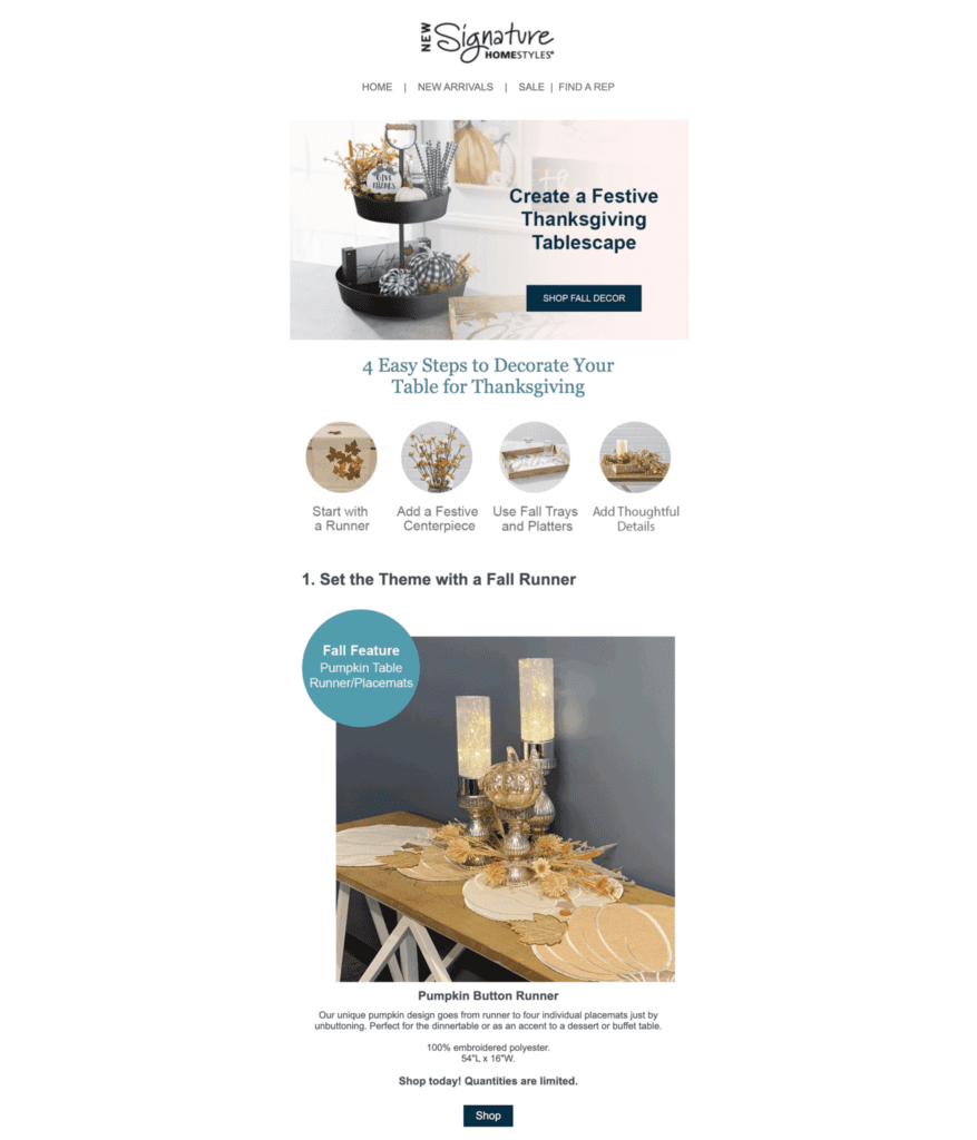 Fall newsletter ideas by New Signature home styles showing home decor items. 