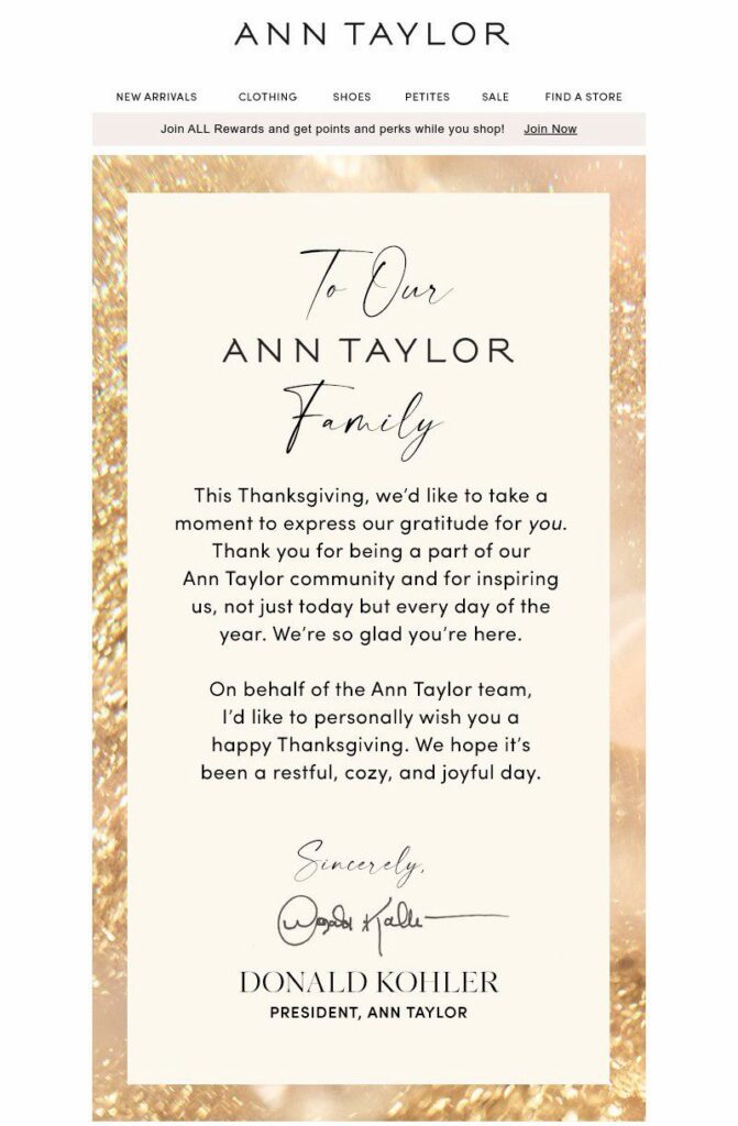 Fall email newsletter example by Ann Taylor full of glitter and champagne. 