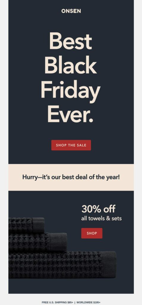 Onsen's Fall email design is all black with cream text and red CTA buttons that say "shop the sale". 