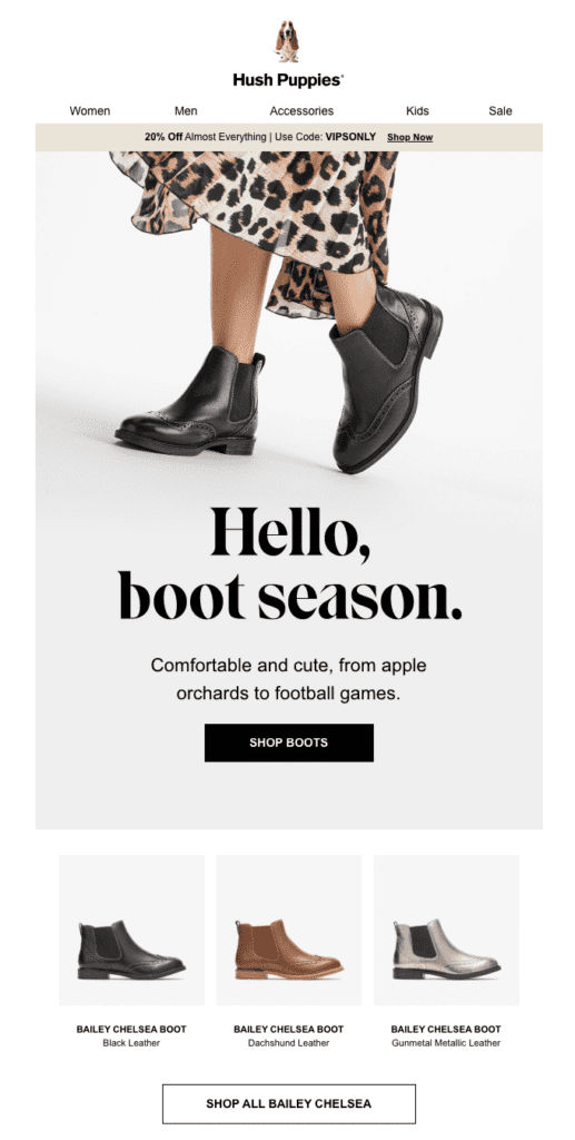 Fall newsletter example by Hush Puppies showing boots for cold weather. 