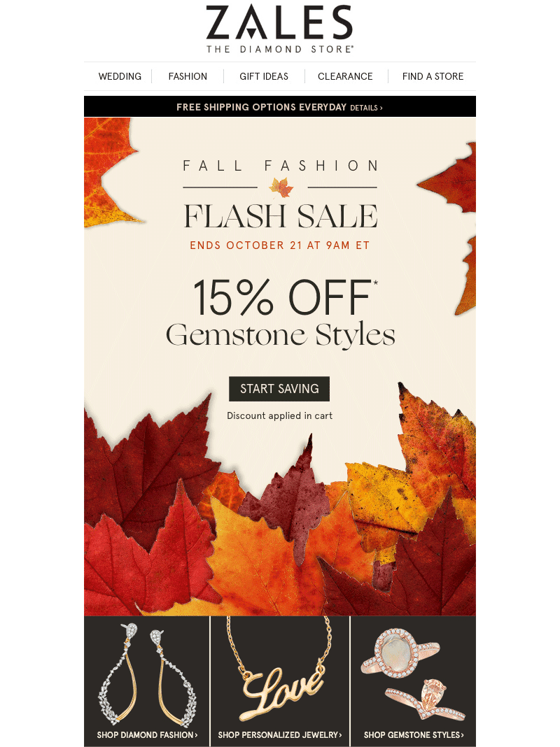 A fall newsletter example with autumn leaves for a flash sale. 