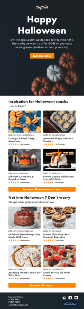 This holiday email template is for Halloween and shows pumpkins and recipes, all with black, orange and pumpkins. 