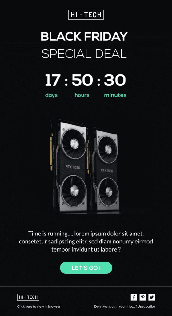 This Black Friday holiday email template is all in black and has a countdown to Black Friday. There is a picture of a speaker under the countdown. 