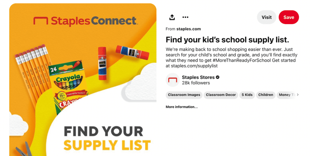 A back-to-school marketing campaign on Pinterest by Staples that shows crayons and glue and other school supplies. 