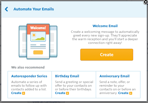 Email autoresponders for welcome email workflows with a preview and a button that says "create". 