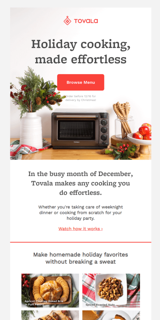 This holiday email campaign by Tovala shows cooking utensils on a wooden table with pine leaves and holly. It says "Holiday cooking, made effortless" and has a CTA for "browse menu". 