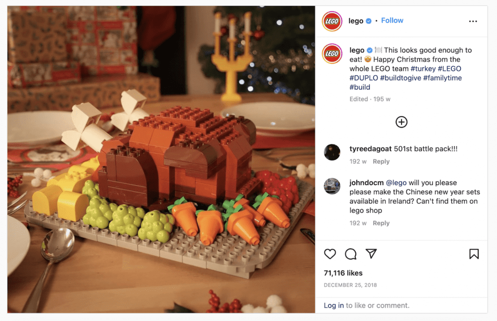 This holiday marketing campaign example by Lego shows a roast turkey dinner made out of legos. 