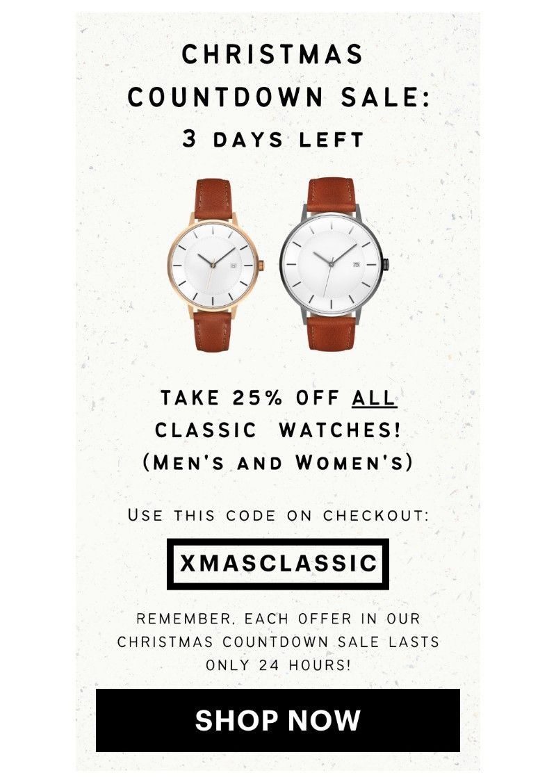 This holiday campaign shows two watches on a white, speckled background. The title says "Christmas countdown sale: 3 days left" and is an example of festive advertising. 