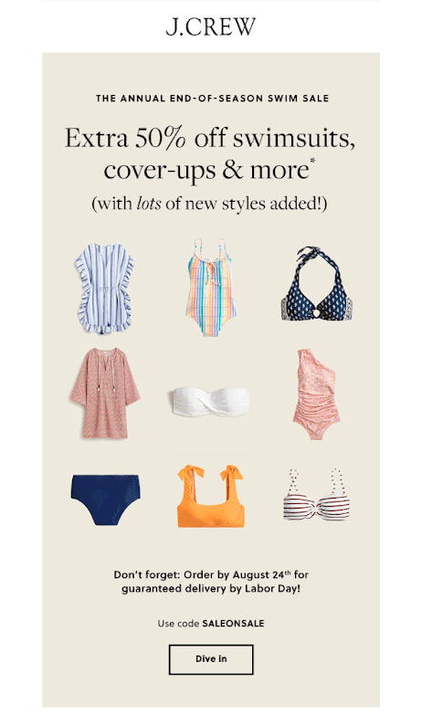 Labor Day email campaign by J-Crew that shows swimsuits and says "end-of-season sale". 