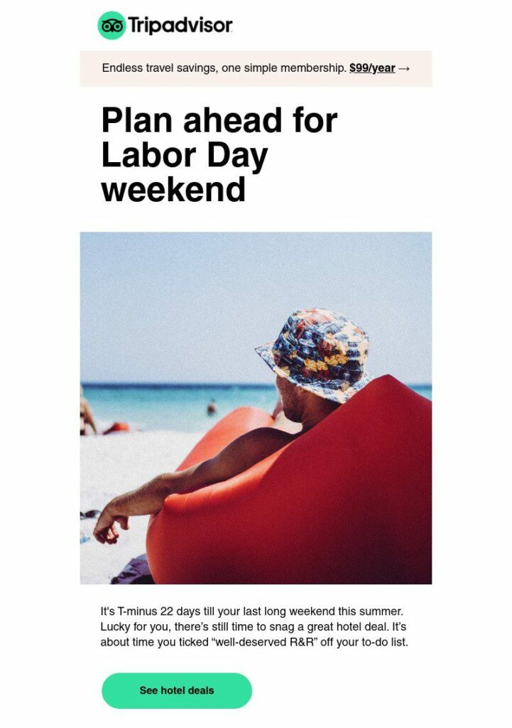 Labor Day email by TripAdvisor that shows someone at the beach. the title says "Plan ahead for Labor Day Weekend". 