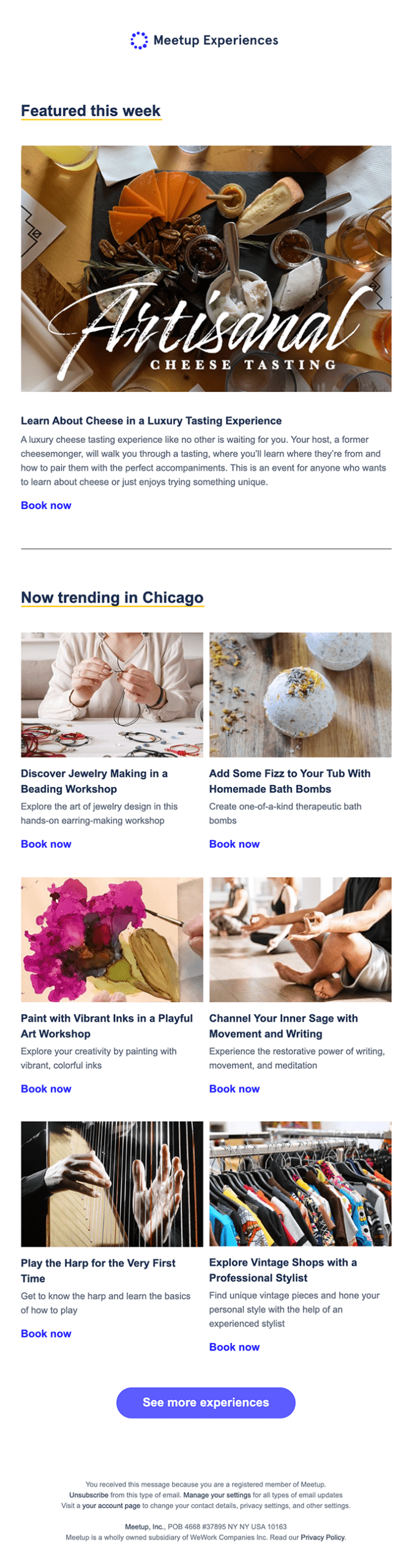 a personalized email example by Meetup showing cheese tasting opportunities in Chicago. 