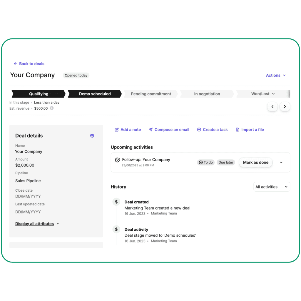 Enterprise email marketing platform overview by Brevo. It shows upcoming activities and a lead-scoring page for a prospect. 