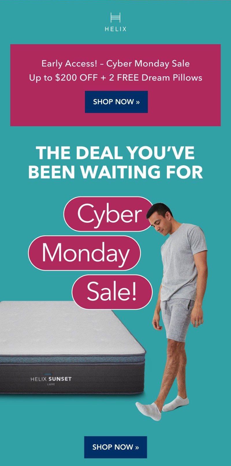 A Cyber Monday email by Helix, a mattress and bed company, that shows an early access sale offer for $200 off and two free pillows. 