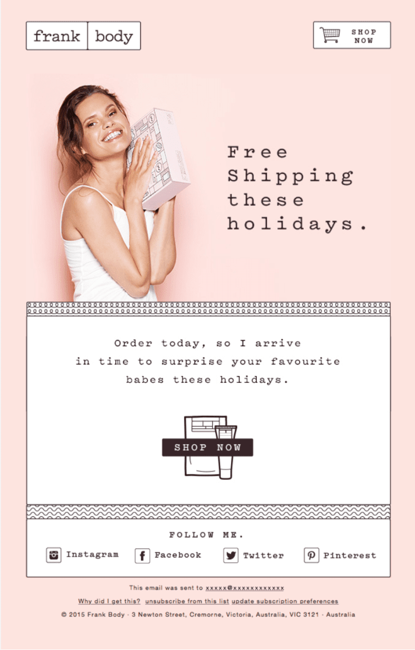 Email newsletter from Frank Body promoting free shipping during the holidays and Green Monday.