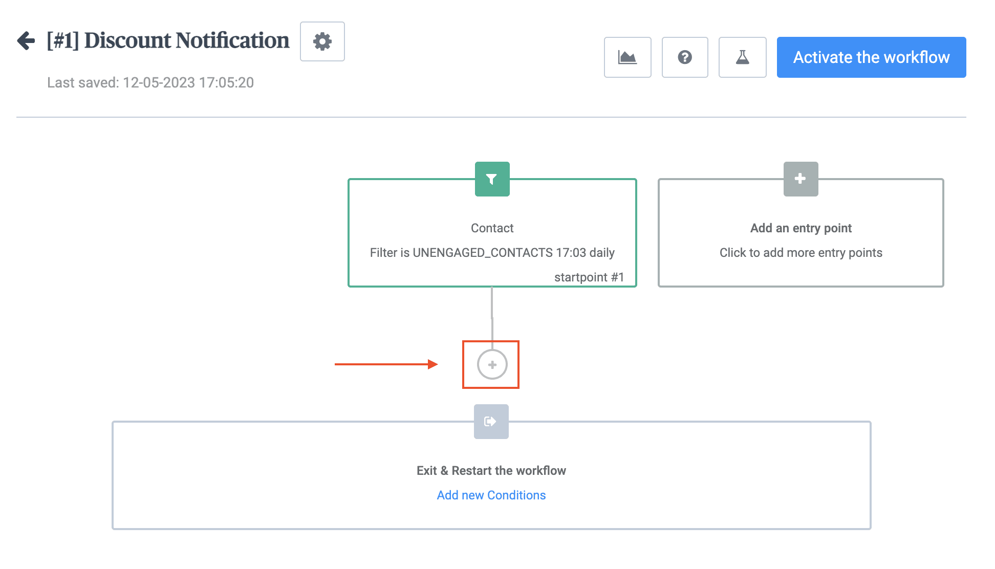 Marketing automation workflow builder in Brevo's email marketing platform. 