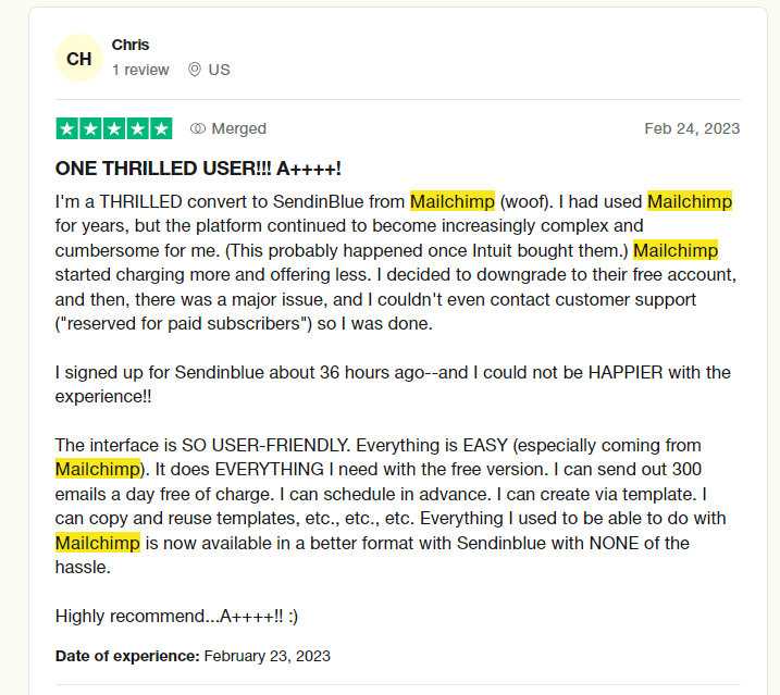 A Brevo user review explaining why he moved from Mailchimp to Brevo.