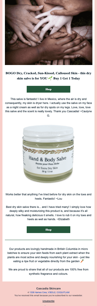 A lead-nurturing email campaign by Cascadia Skincare sharing customer testimonials for a hand and body cream. 